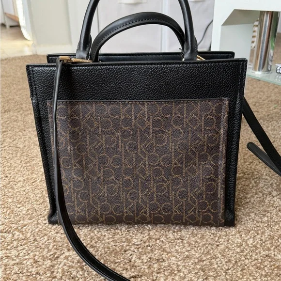 Calvin Klein Black Leather Satchel with Brown Monogram Front - Picture 3 of 4